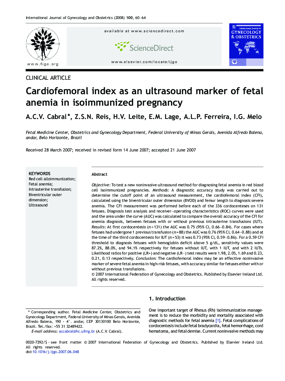 Cardiofemoral index as an ultrasound marker of fetal anemia in isoimmunized pregnancy