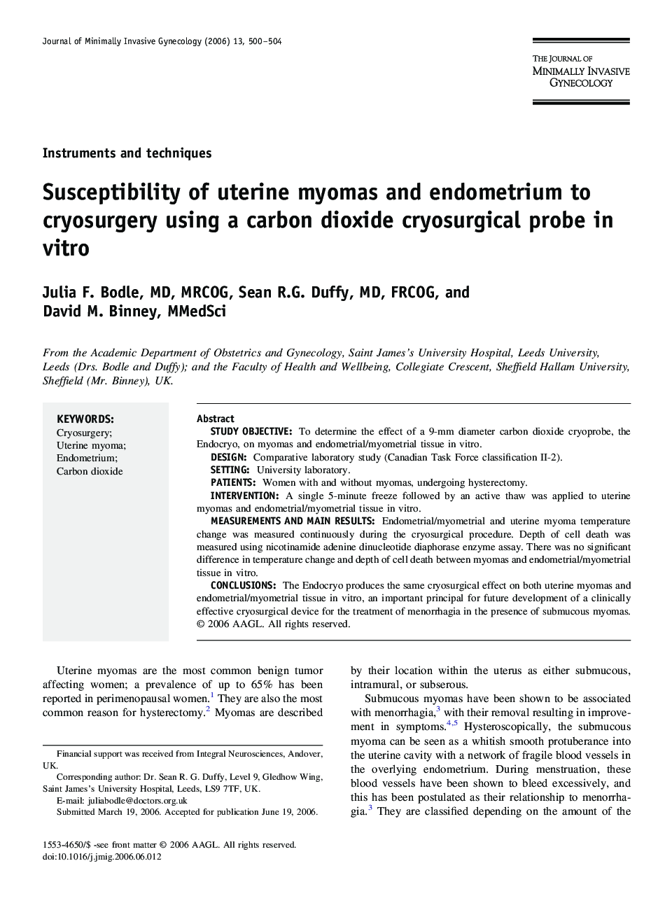 Susceptibility of uterine myomas and endometrium to cryosurgery using a carbon dioxide cryosurgical probe in vitro 