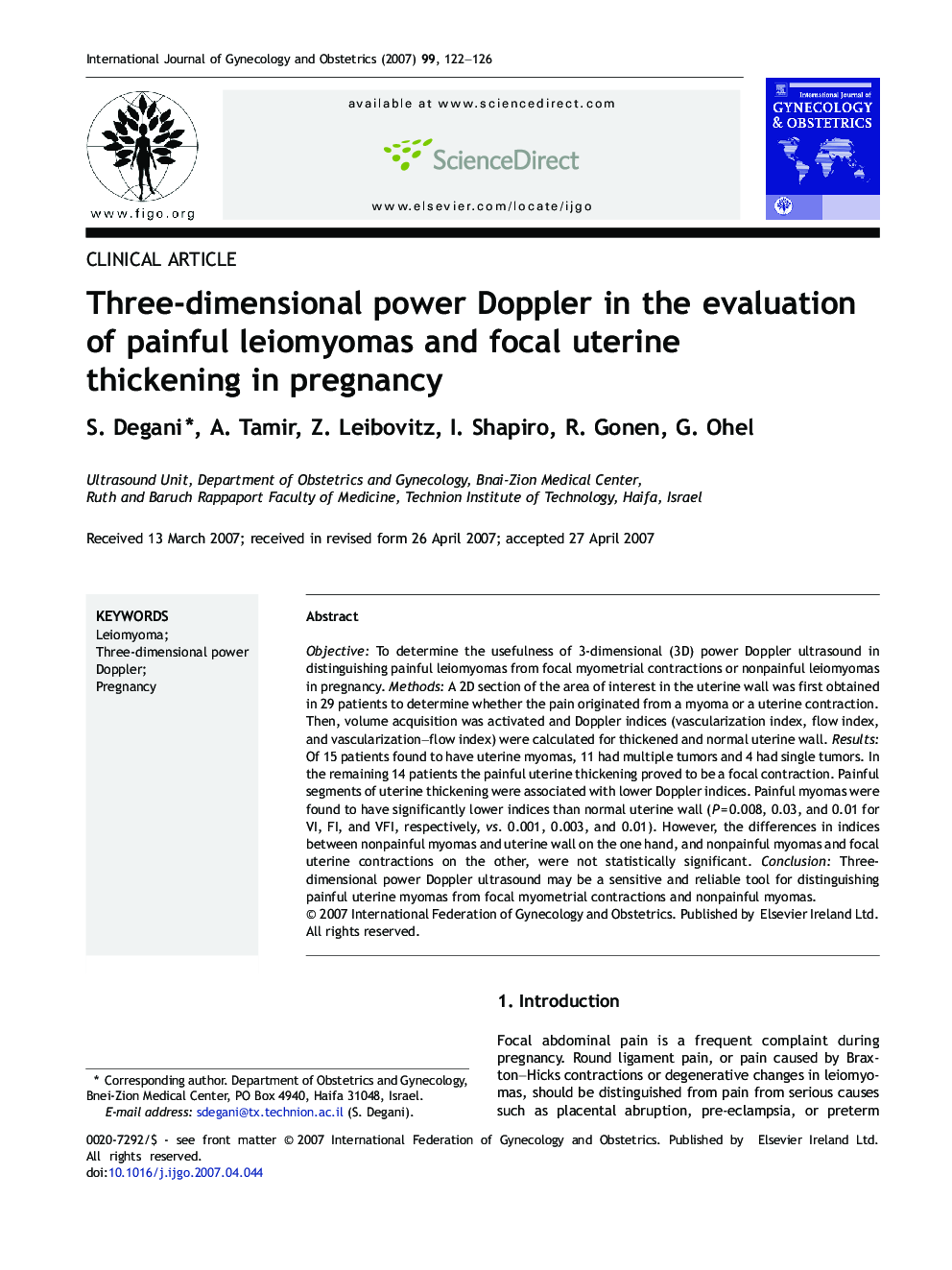 Three-dimensional power Doppler in the evaluation of painful leiomyomas and focal uterine thickening in pregnancy