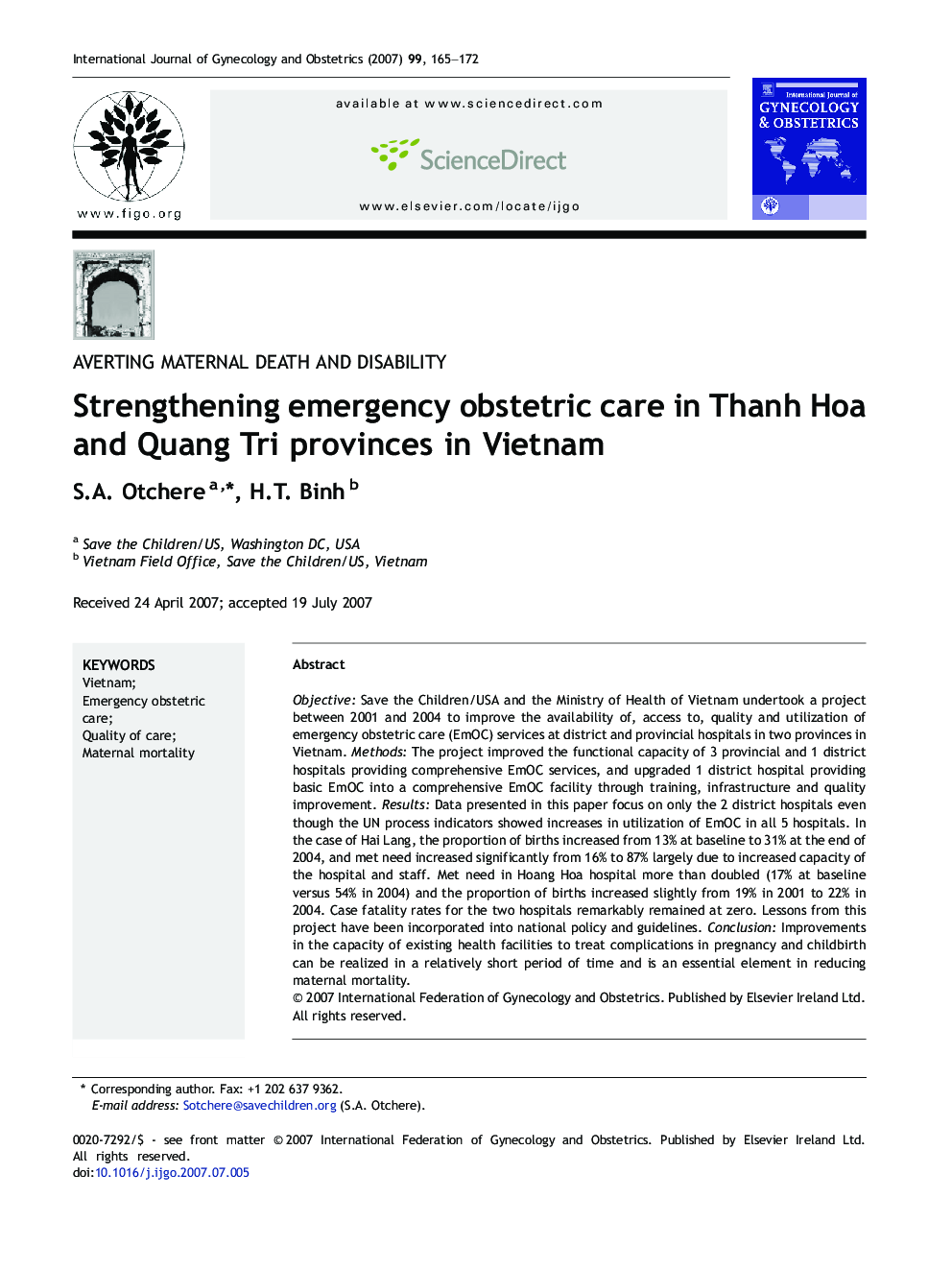 Strengthening emergency obstetric care in Thanh Hoa and Quang Tri provinces in Vietnam