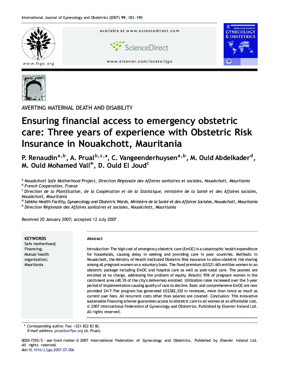 Ensuring financial access to emergency obstetric care: Three years of experience with Obstetric Risk Insurance in Nouakchott, Mauritania