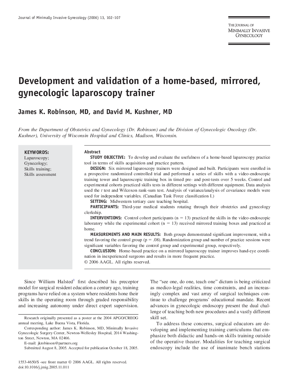 Development and validation of a home-based, mirrored, gynecologic laparoscopy trainer