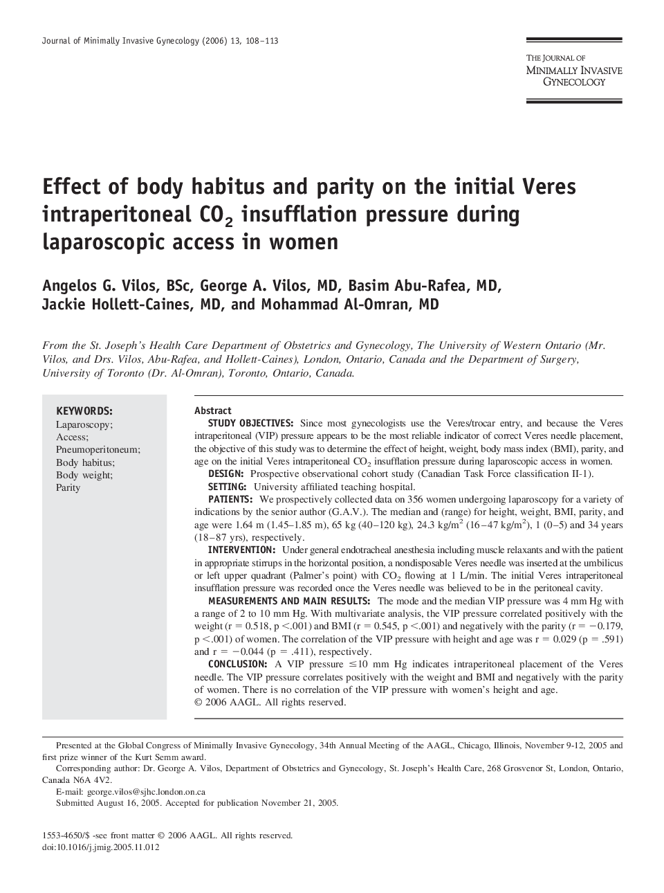 Effect of body habitus and parity on the initial Veres intraperitoneal CO2 insufflation pressure during laparoscopic access in women