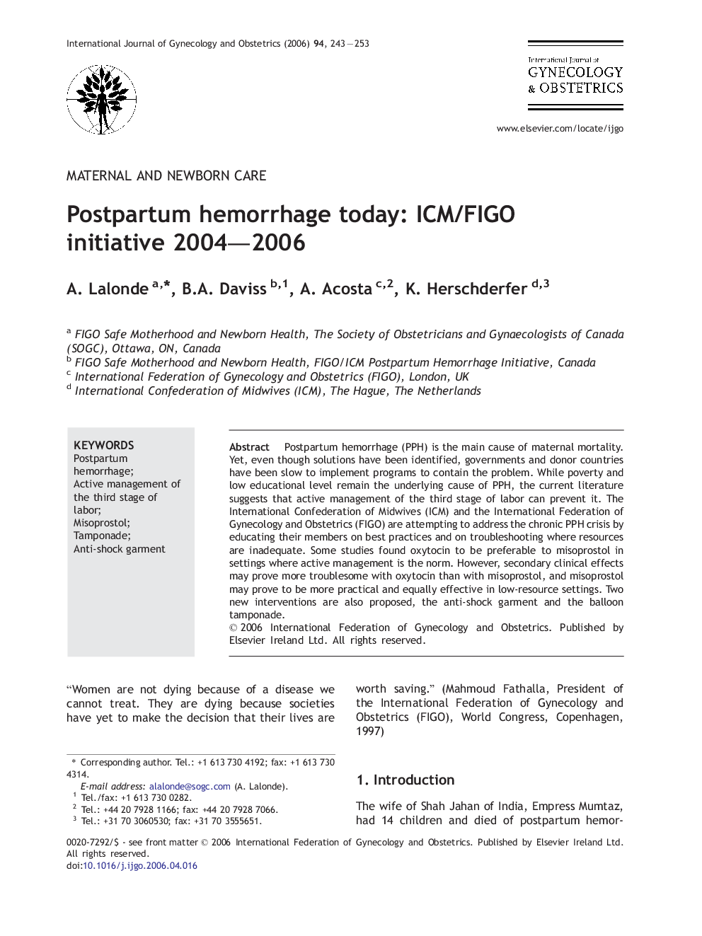 Postpartum hemorrhage today: ICM/FIGO initiative 2004–2006