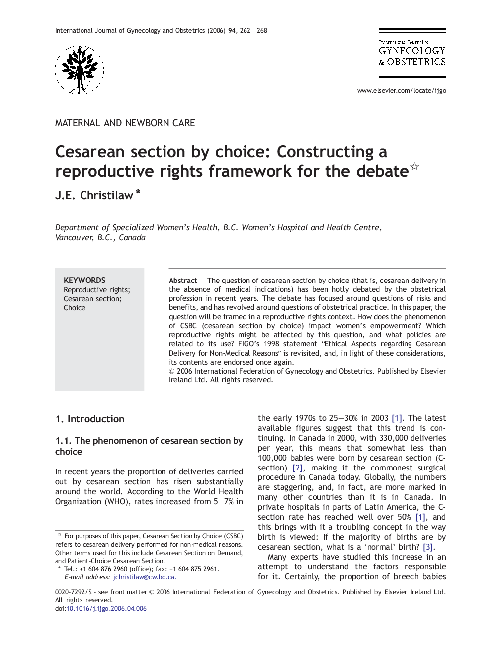 Cesarean section by choice: Constructing a reproductive rights framework for the debate 