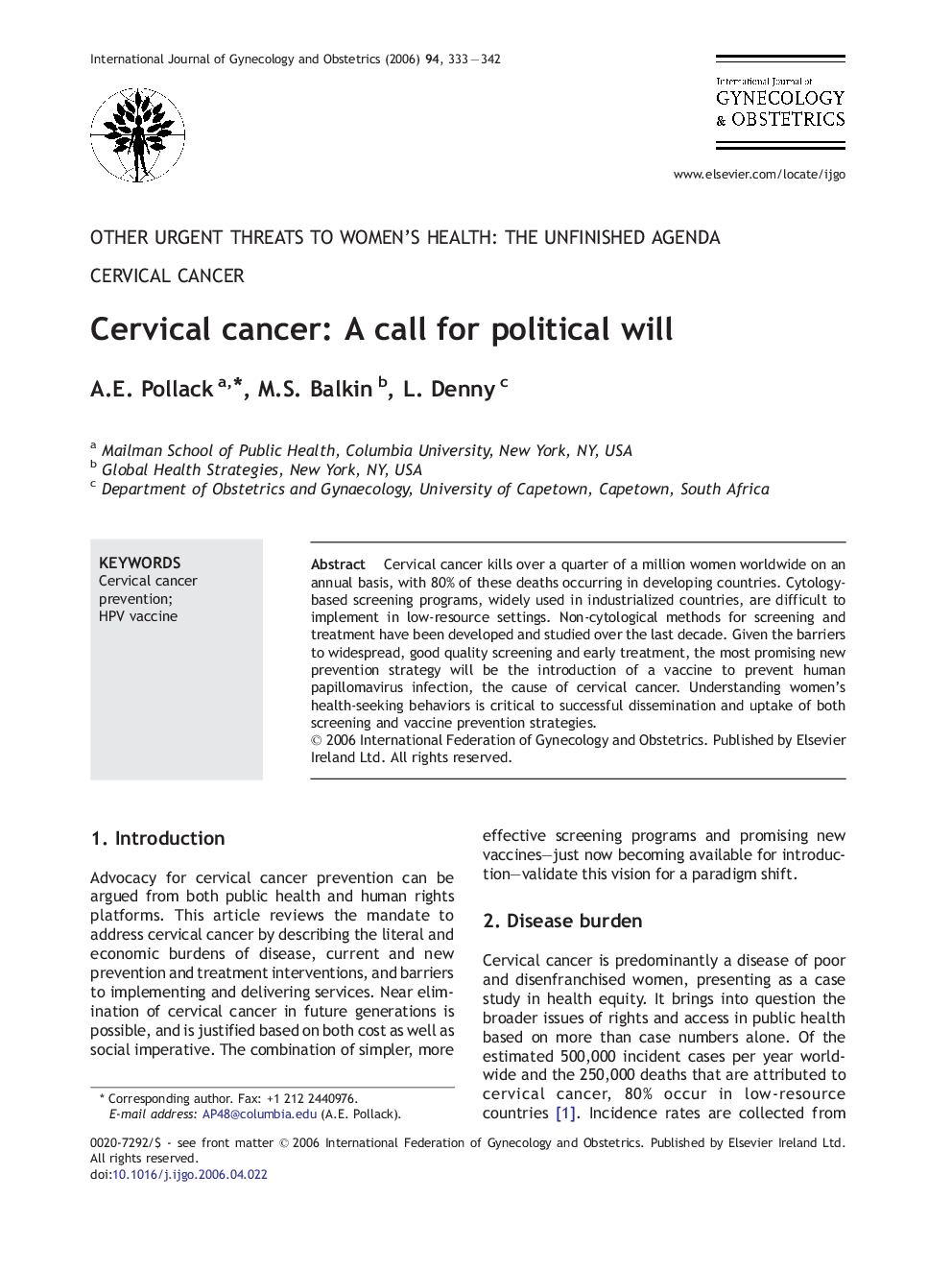 Cervical cancer: A call for political will