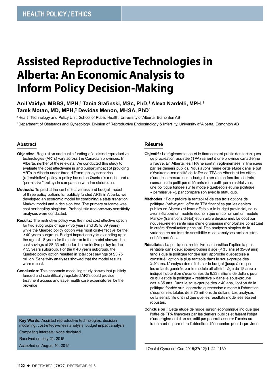 Assisted Reproductive Technologies in Alberta: An Economic Analysis to Inform Policy Decision-Making