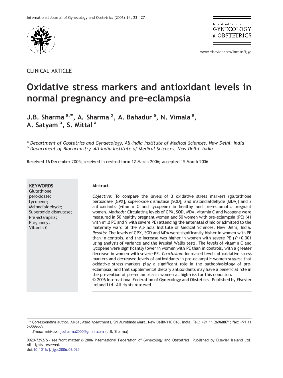 Oxidative stress markers and antioxidant levels in normal pregnancy and pre-eclampsia