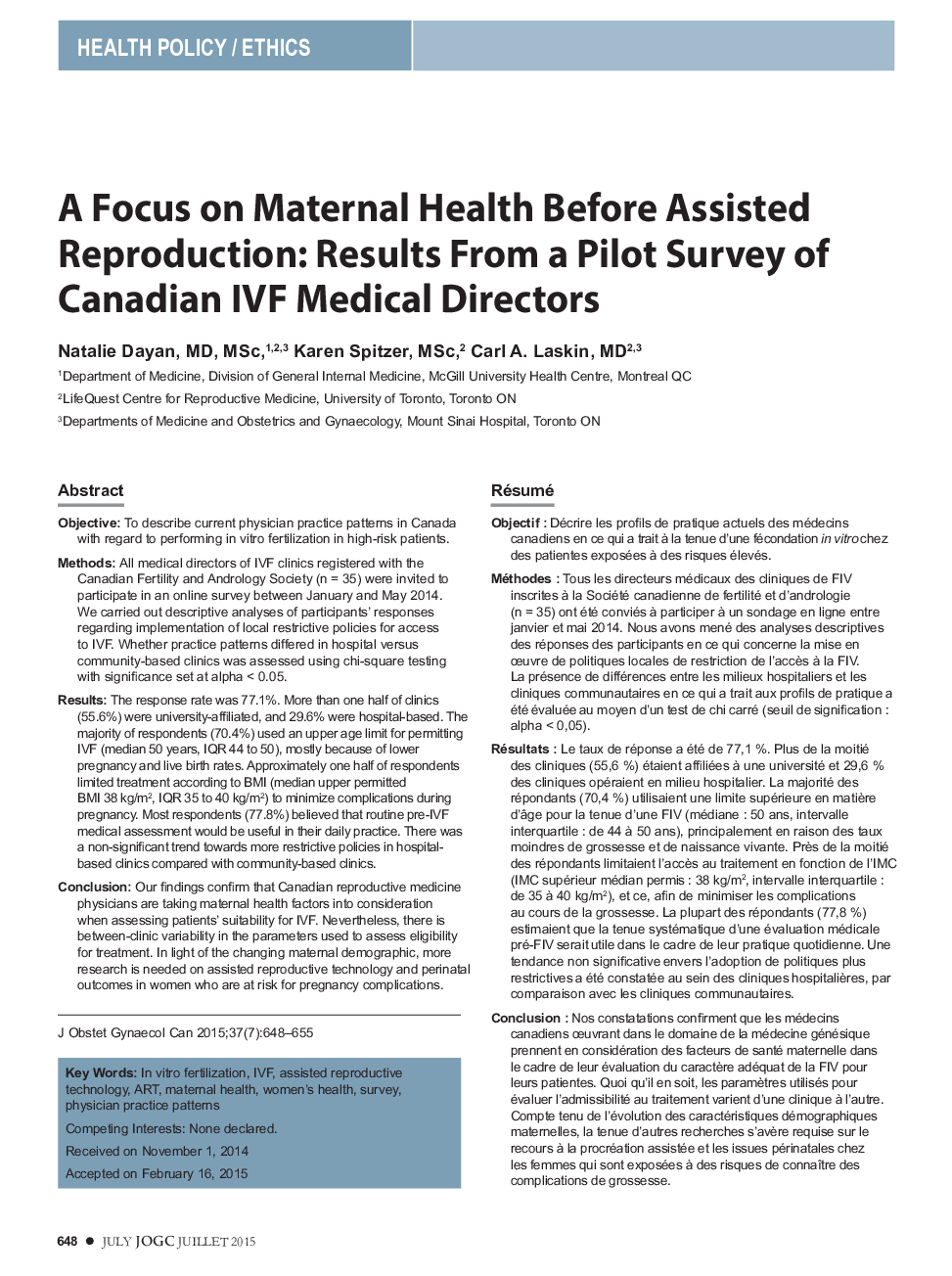 A Focus on Maternal Health Before Assisted Reproduction: Results From a Pilot Survey of Canadian IVF Medical Directors