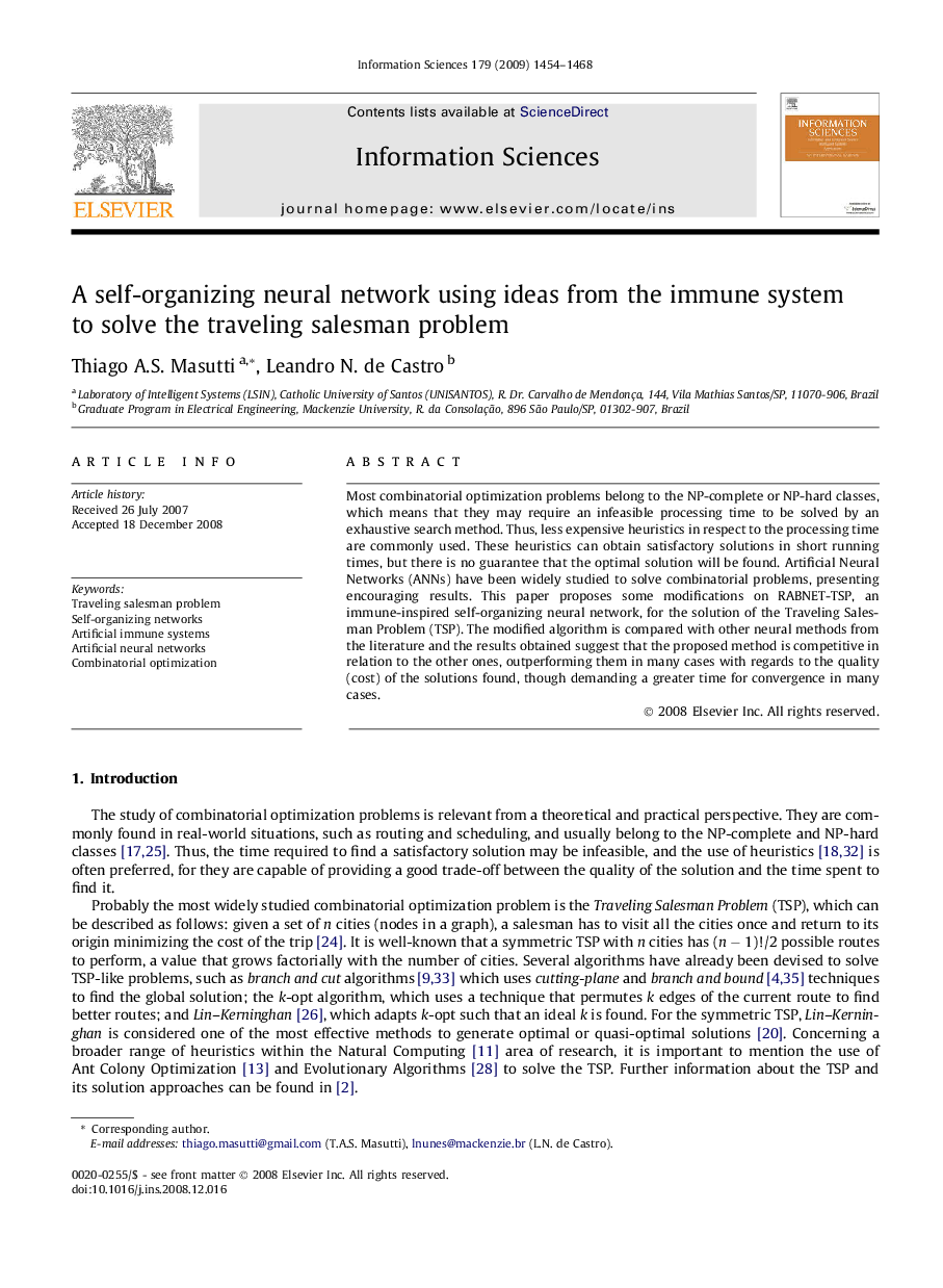 A self-organizing neural network using ideas from the immune system to solve the traveling salesman problem