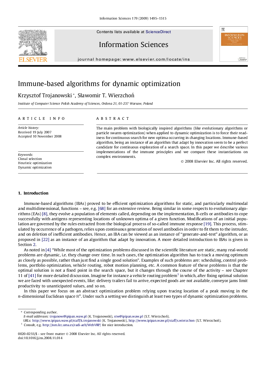 Immune-based algorithms for dynamic optimization