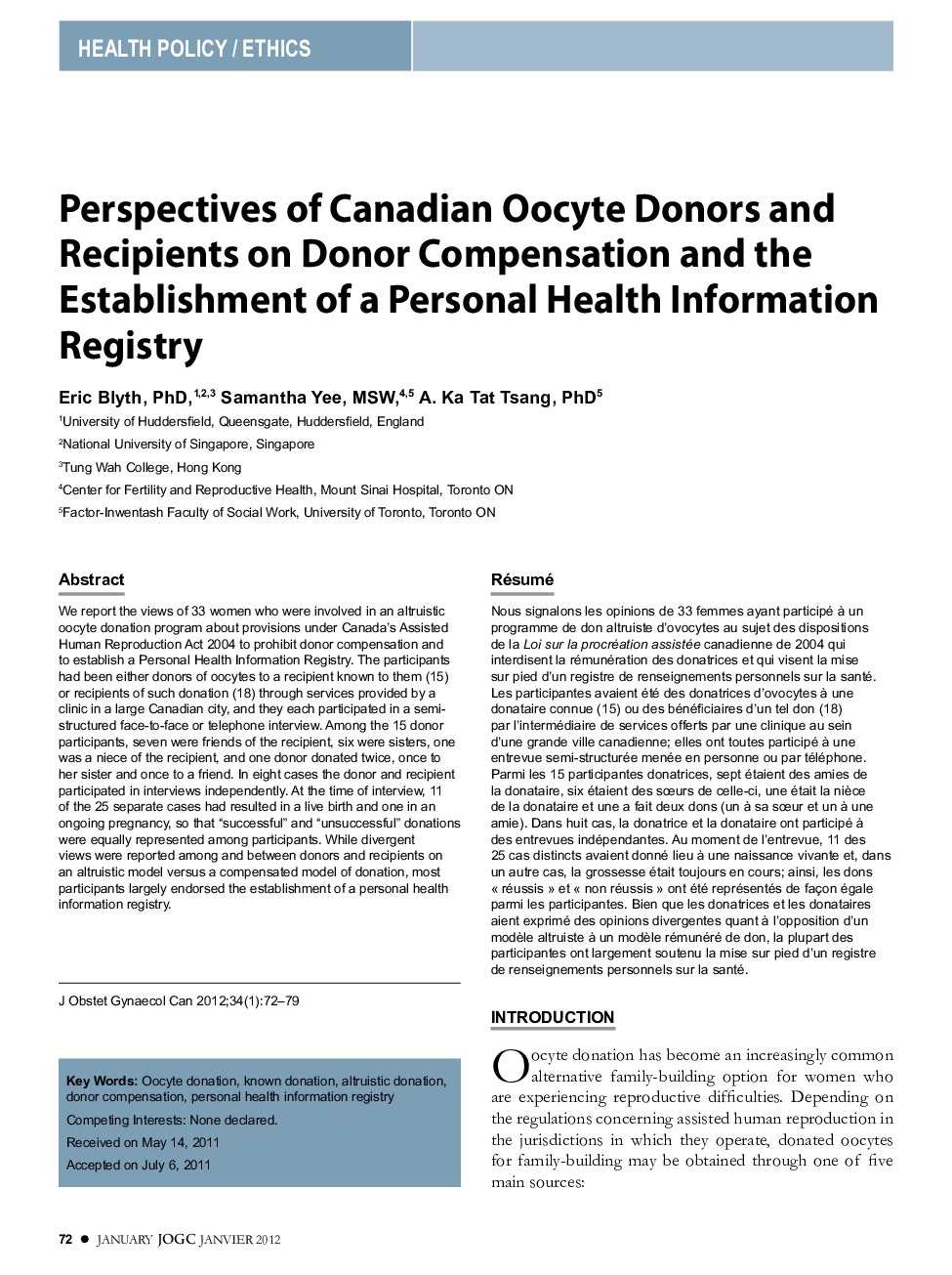 Perspectives of Canadian Oocyte Donors and Recipients on Donor Compensation and the Establishment of a Personal Health Information Registry