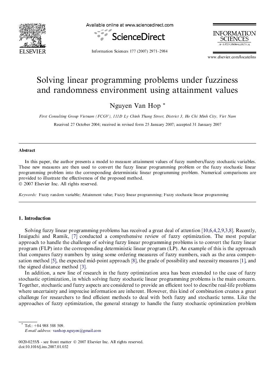 Solving linear programming problems under fuzziness and randomness environment using attainment values