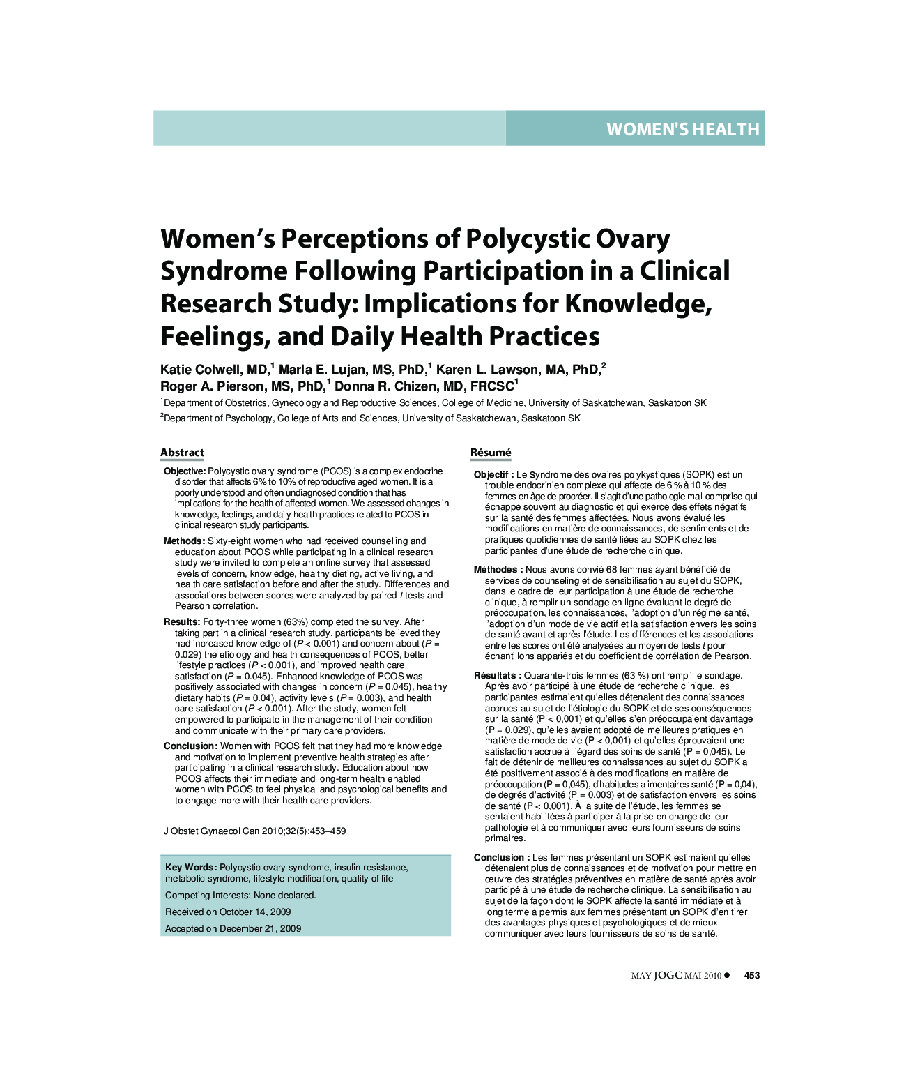 Women's Perceptions of Polycystic Ovary Syndrome Following Participation in a Clinical Research Study: Implications for Knowledge, Feelings, and Daily Health Practices