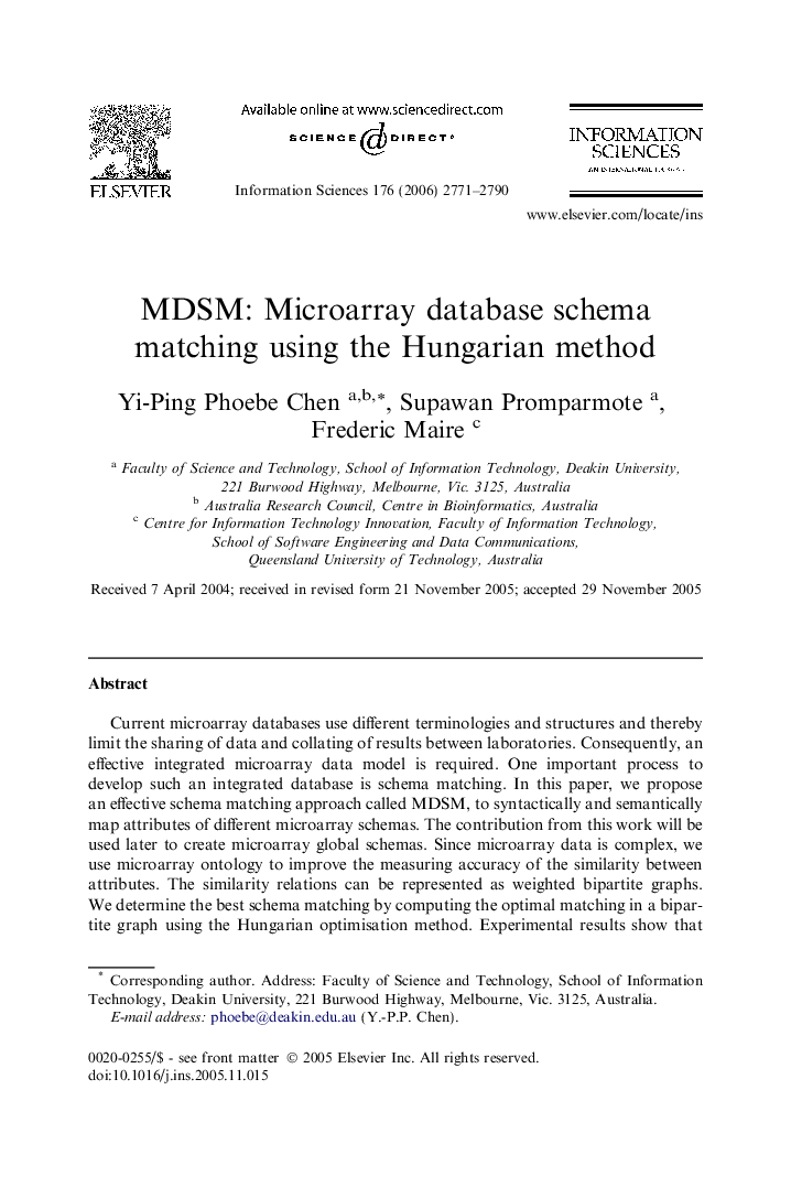 MDSM: Microarray database schema matching using the Hungarian method