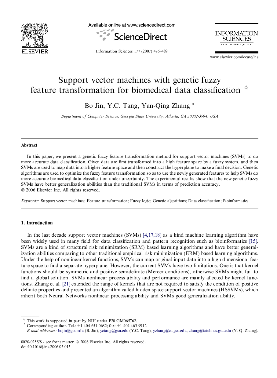 Support vector machines with genetic fuzzy feature transformation for biomedical data classification 