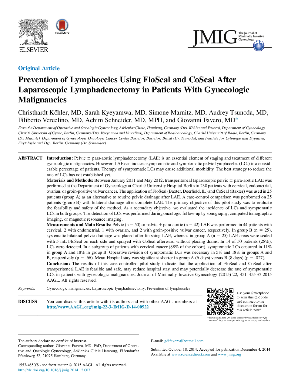 Prevention of Lymphoceles Using FloSeal and CoSeal After Laparoscopic Lymphadenectomy in Patients With Gynecologic Malignancies