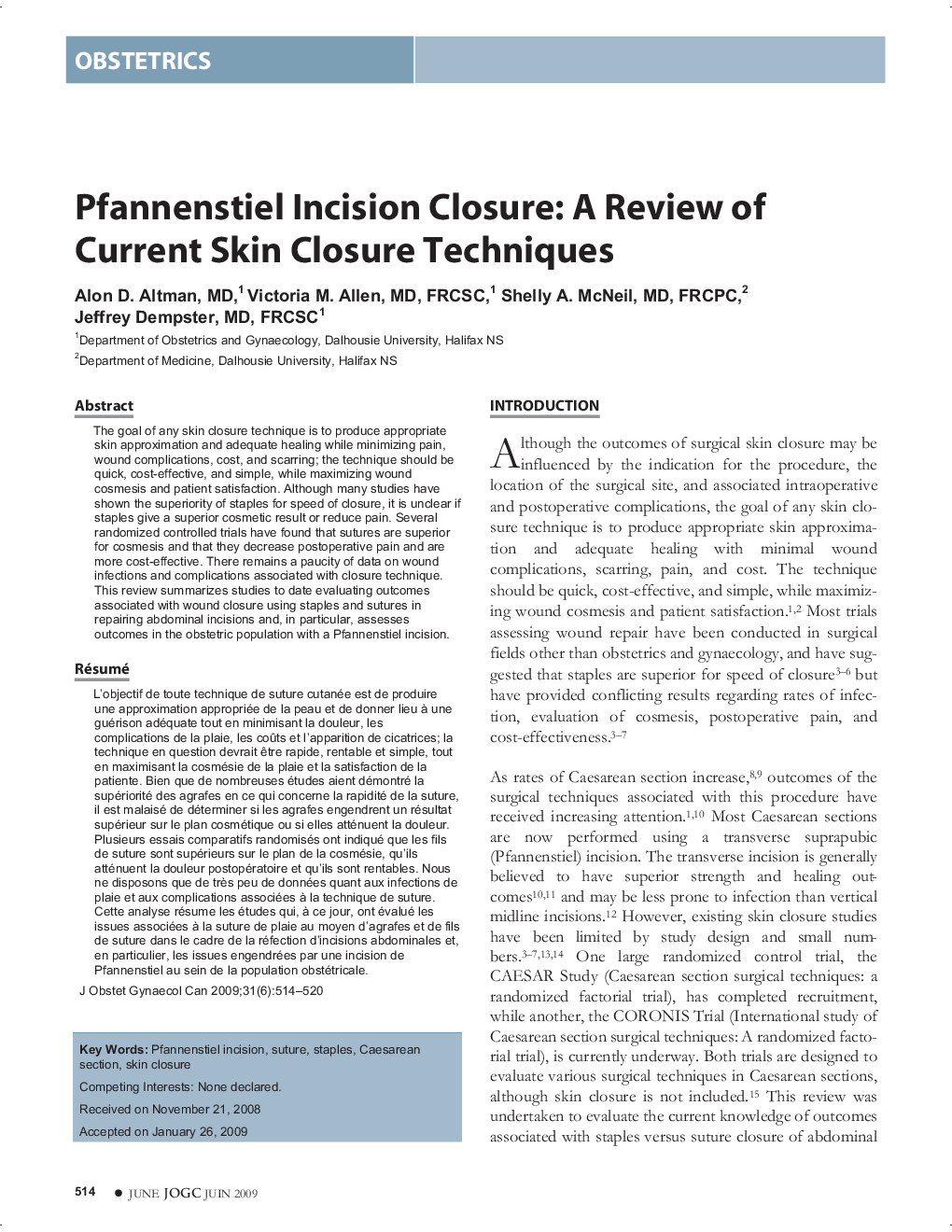 Pfannenstiel Incision Closure: A Review of Current Skin Closure Techniques