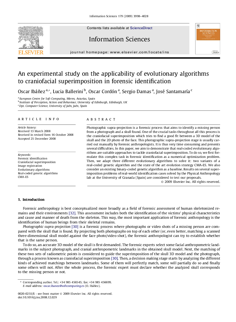 An experimental study on the applicability of evolutionary algorithms to craniofacial superimposition in forensic identification