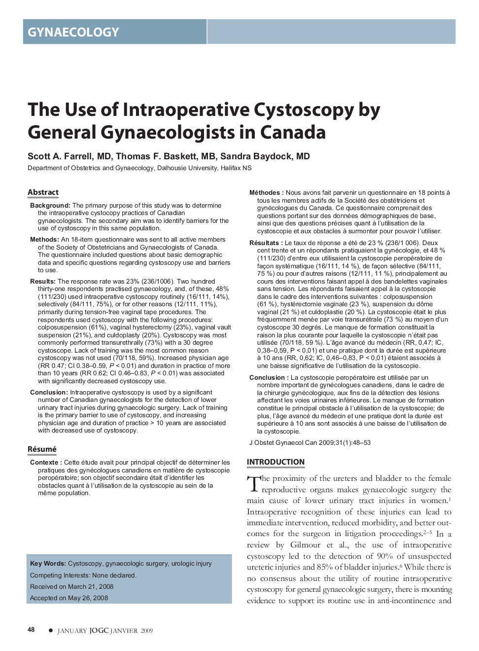 The Use of Intraoperative Cystoscopy by General Gynaecologists in Canada