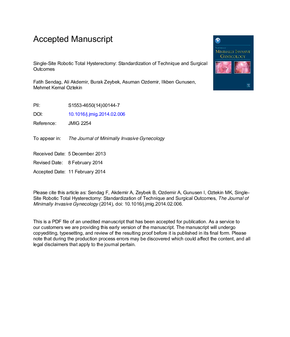 Single-Site Robotic Total Hysterectomy: Standardization ofÂ Technique and Surgical Outcomes