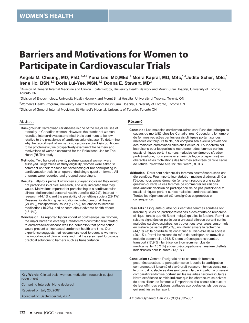 Barriers and Motivations for Women to Participate in Cardiovascular Trials