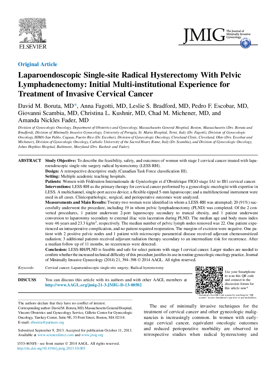 Laparoendoscopic Single-site Radical Hysterectomy With Pelvic Lymphadenectomy: Initial Multi-institutional Experience for Treatment of Invasive Cervical Cancer