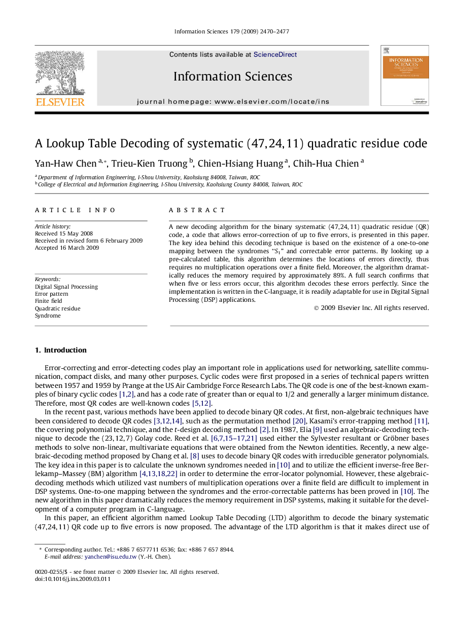 A Lookup Table Decoding of systematic (47, 24, 11) quadratic residue code