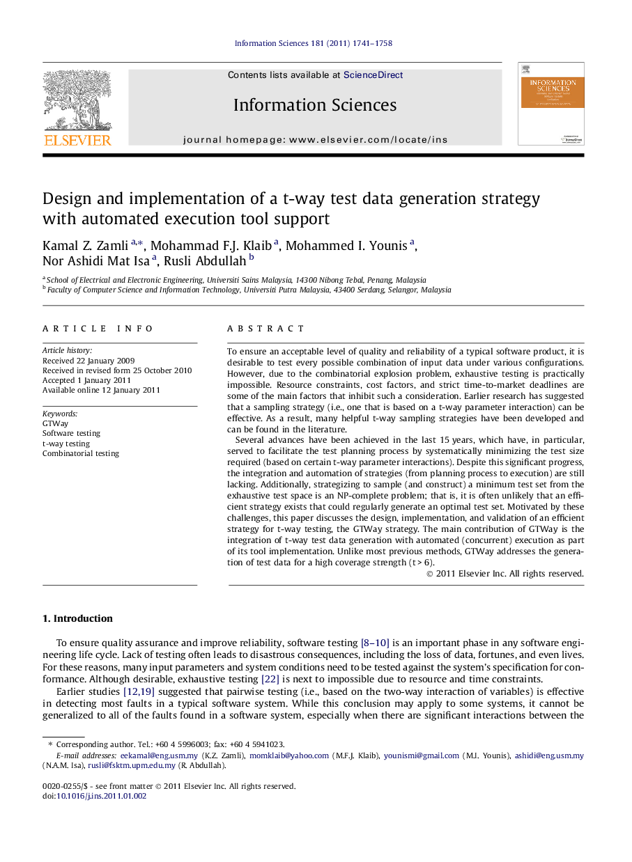 Design and implementation of a t-way test data generation strategy with automated execution tool support