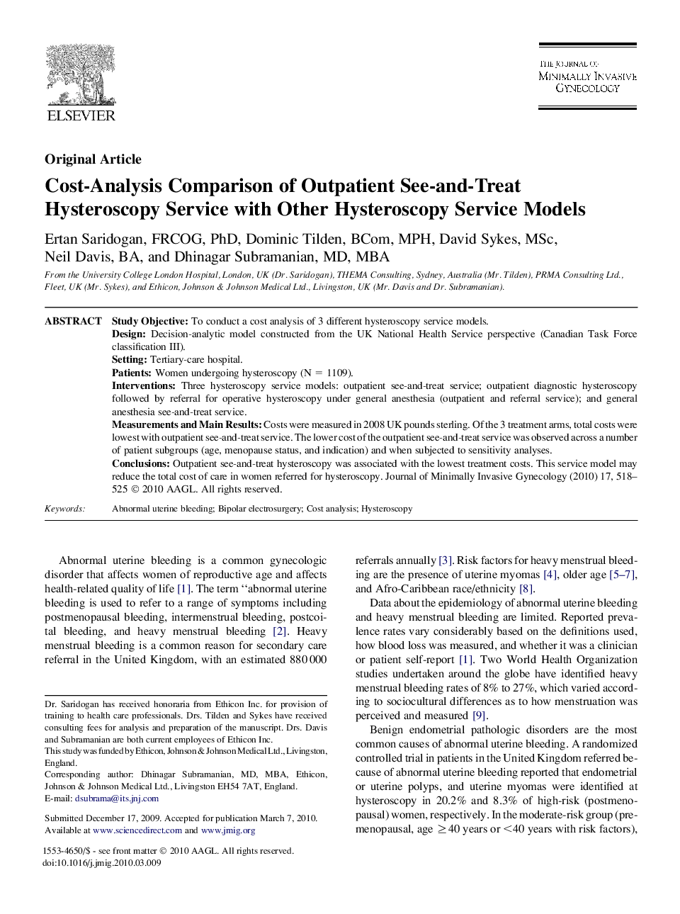 Cost-Analysis Comparison of Outpatient See-and-Treat Hysteroscopy Service with Other Hysteroscopy Service Models 