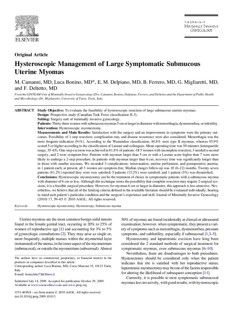 Hysteroscopic Management of Large Symptomatic Submucous Uterine Myomas