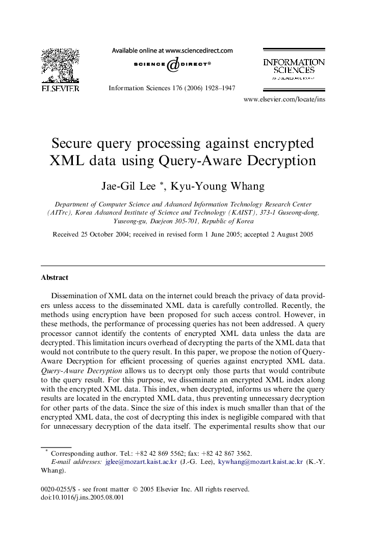 Secure query processing against encrypted XML data using Query-Aware Decryption