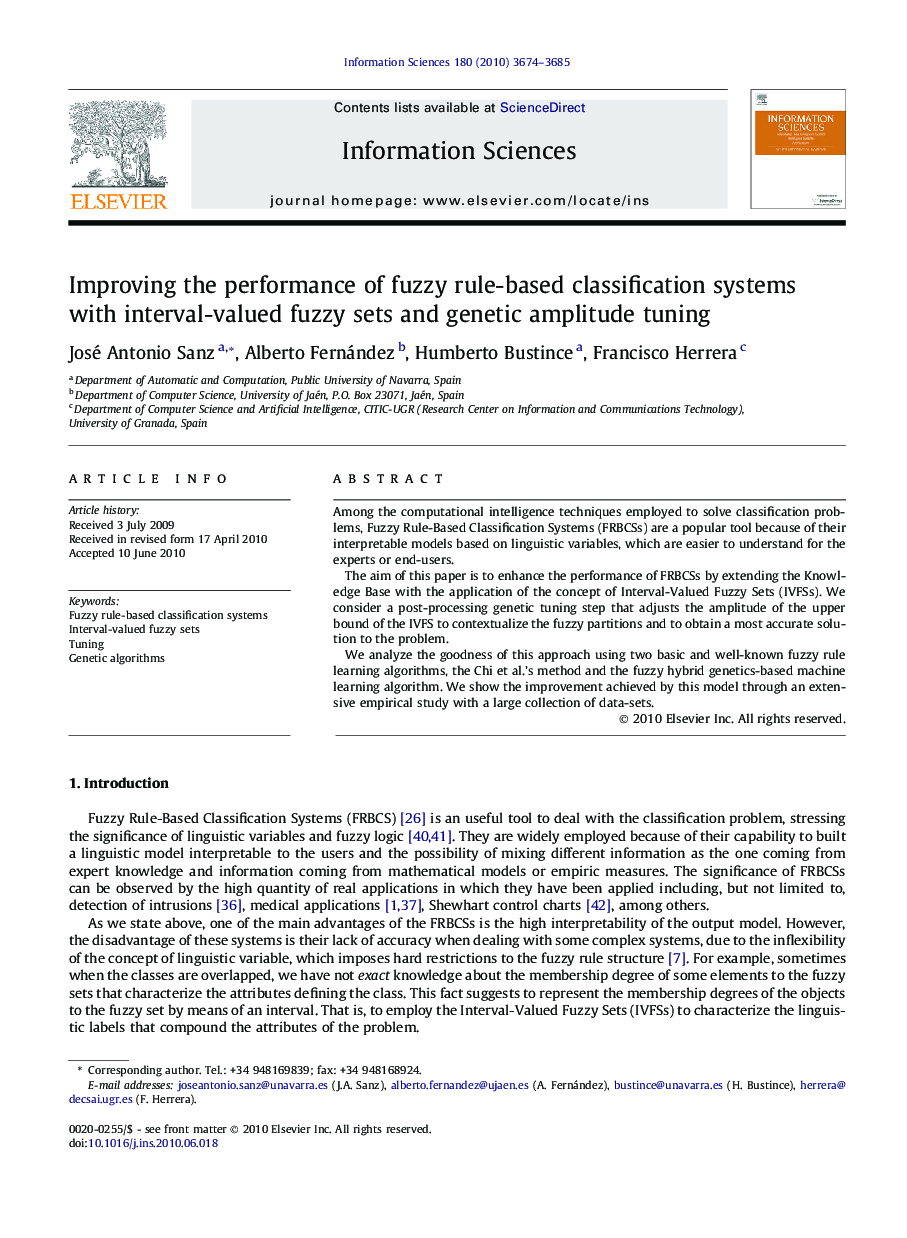 عکس صفحه اول مقاله: Improving the performance of fuzzy rule-based classification systems with interval-valued fuzzy sets and genetic amplitude tuning Improving the performance of fuzzy rule-based classification systems with interval-valued fuzzy sets and genetic amplitude tuning