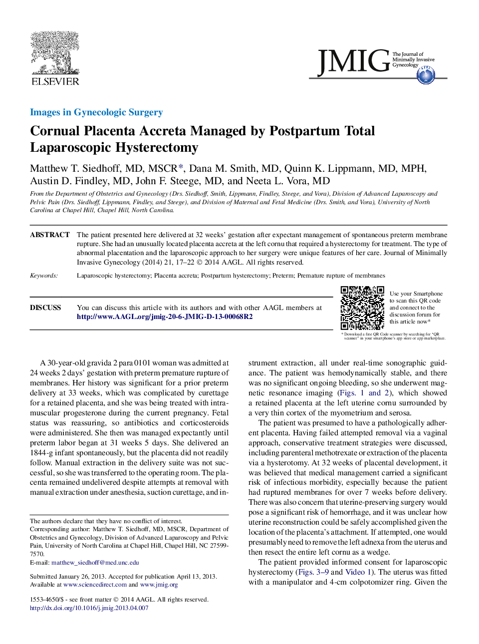 Cornual Placenta Accreta Managed by Postpartum Total Laparoscopic Hysterectomy