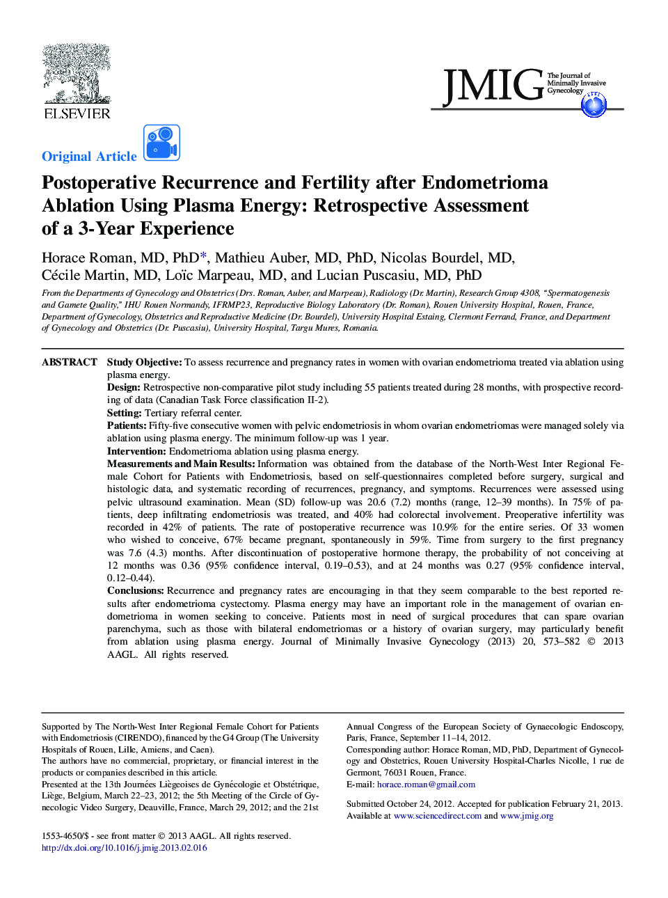 Postoperative Recurrence and Fertility after Endometrioma Ablation Using Plasma Energy: Retrospective Assessment of a 3-Year Experience