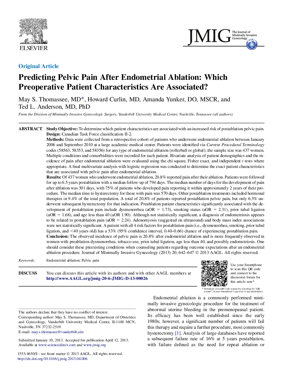 Predicting Pelvic Pain After Endometrial Ablation: Which Preoperative Patient Characteristics Are Associated?