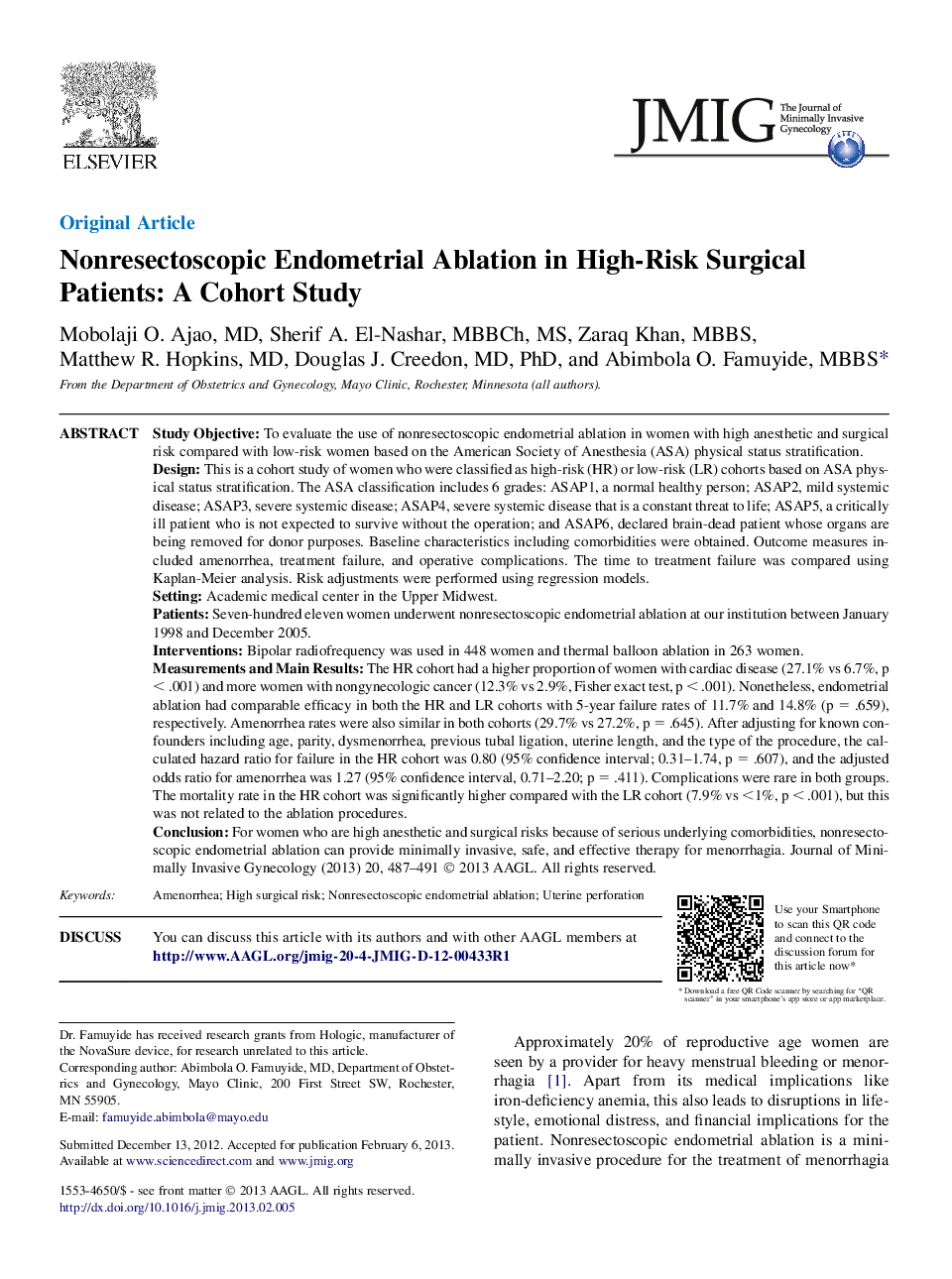 Nonresectoscopic Endometrial Ablation in High-Risk Surgical Patients: A Cohort Study