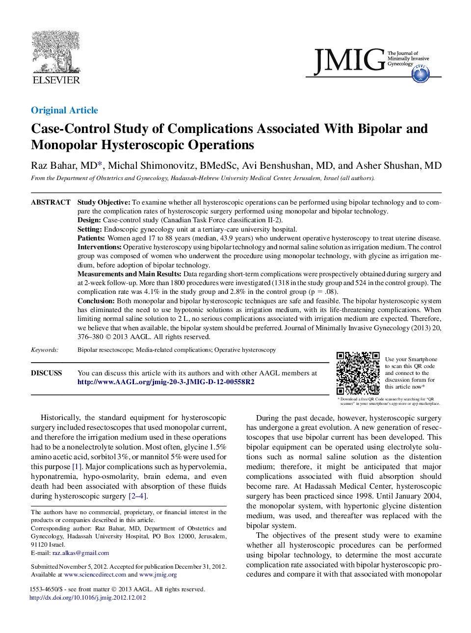 Case-Control Study of Complications Associated With Bipolar and Monopolar Hysteroscopic Operations 