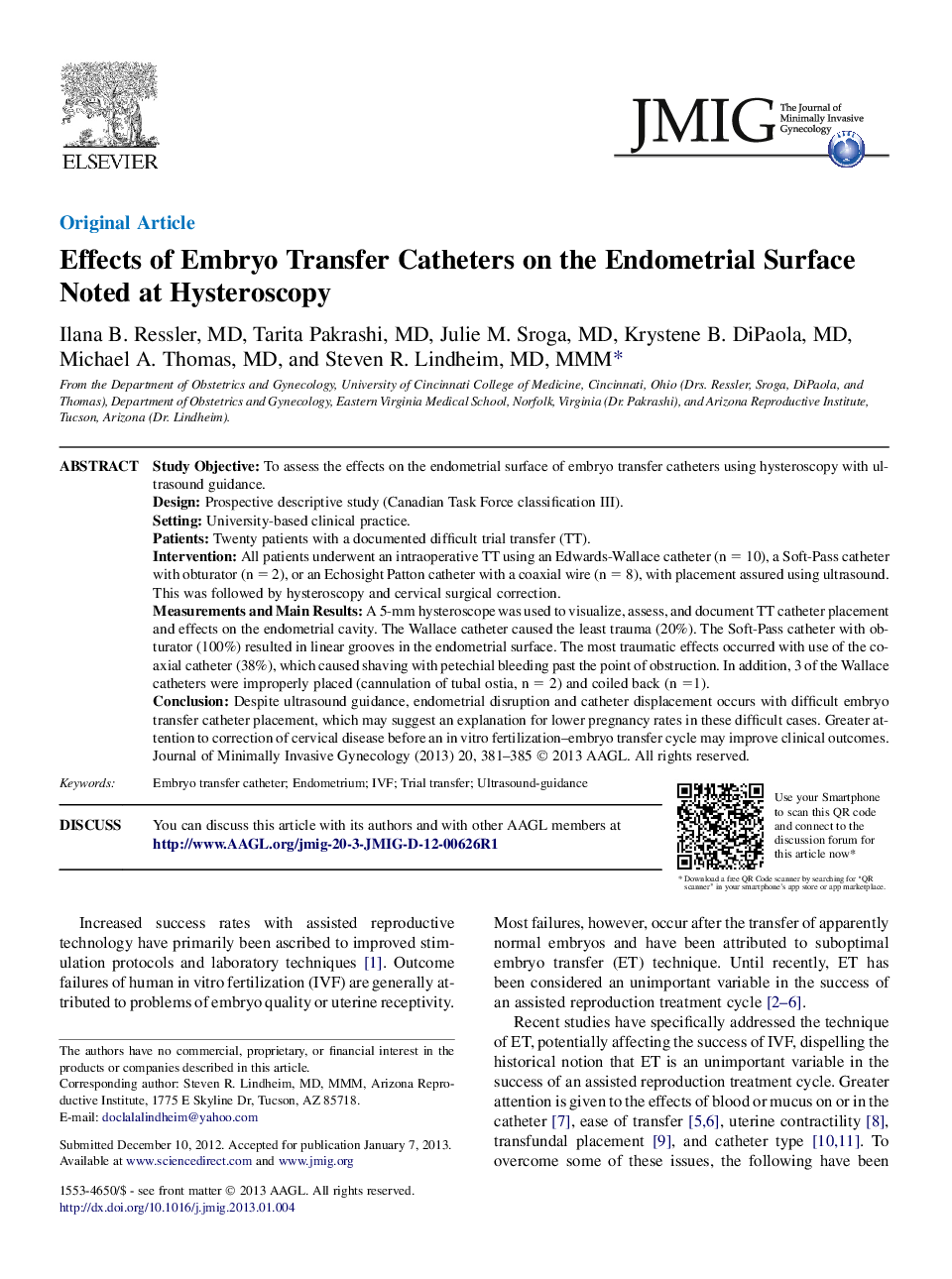 Effects of Embryo Transfer Catheters on the Endometrial Surface Noted at Hysteroscopy 