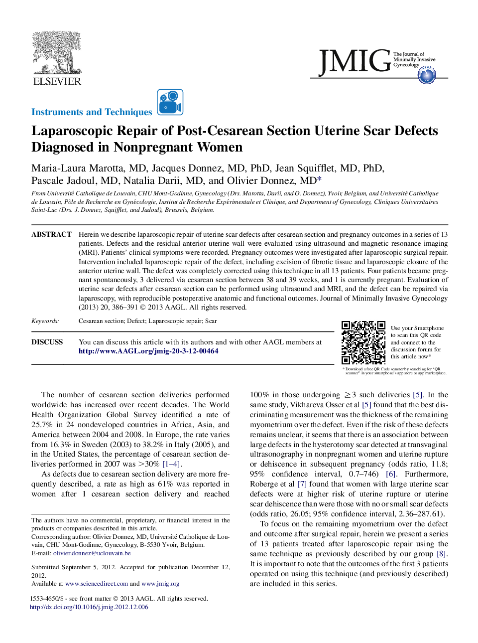 عکس صفحه اول مقاله: Laparoscopic Repair of Post-Cesarean Section Uterine Scar Defects Diagnosed in Nonpregnant Women Laparoscopic Repair of Post-Cesarean Section Uterine Scar Defects Diagnosed in Nonpregnant Women