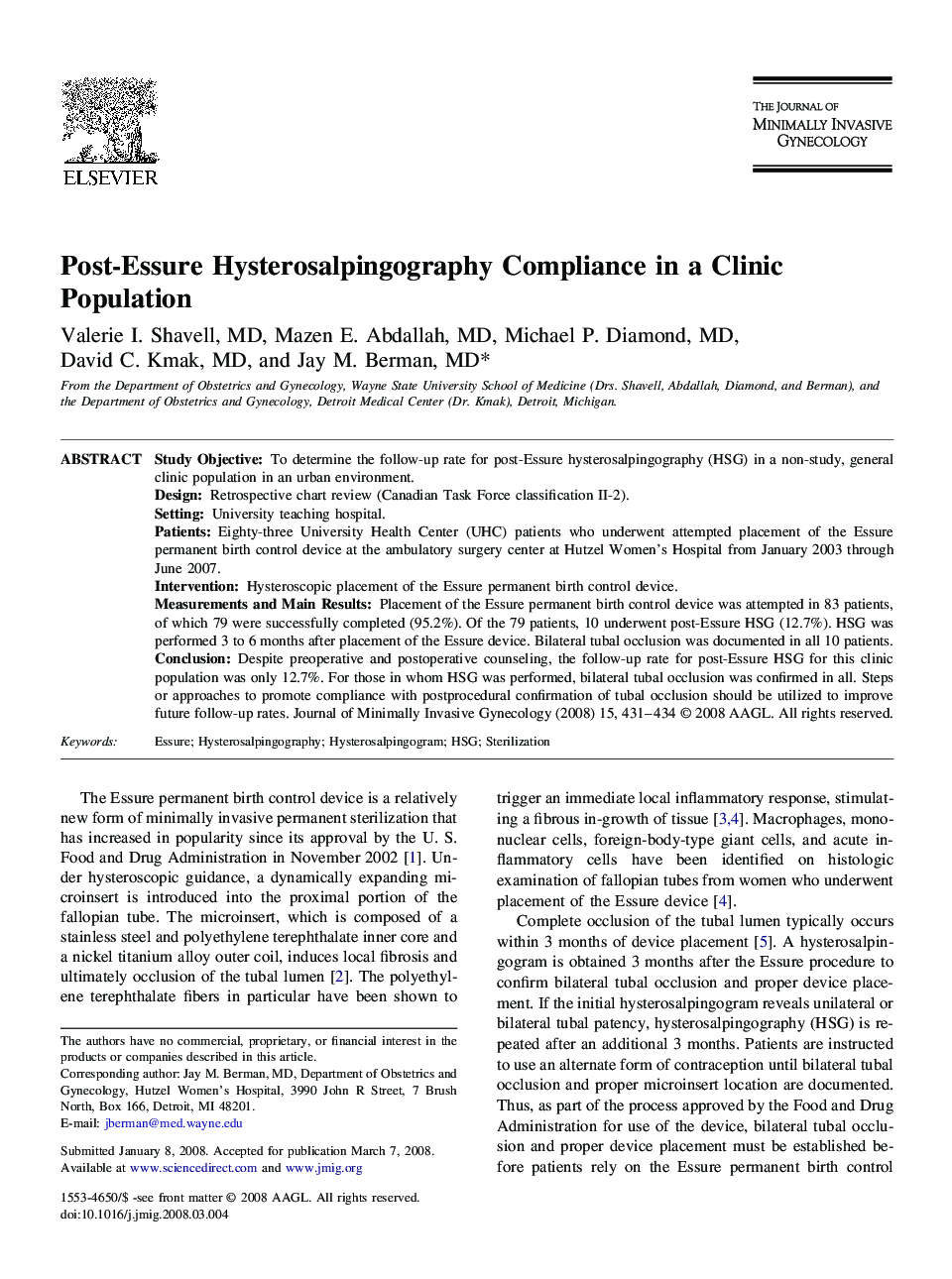 Post-Essure Hysterosalpingography Compliance in a Clinic Population 