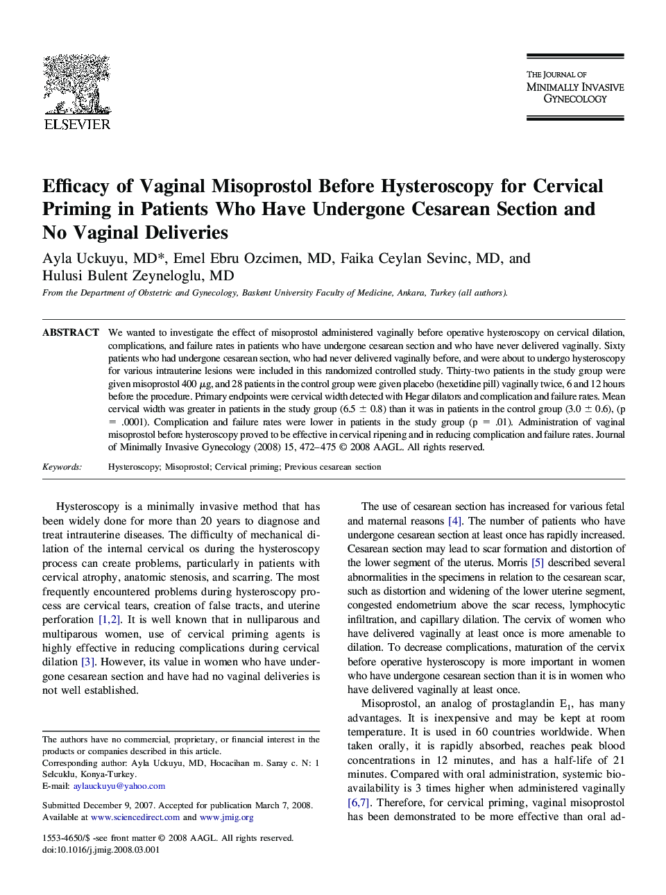 Efficacy of Vaginal Misoprostol Before Hysteroscopy for Cervical Priming in Patients Who Have Undergone Cesarean Section and No Vaginal Deliveries 
