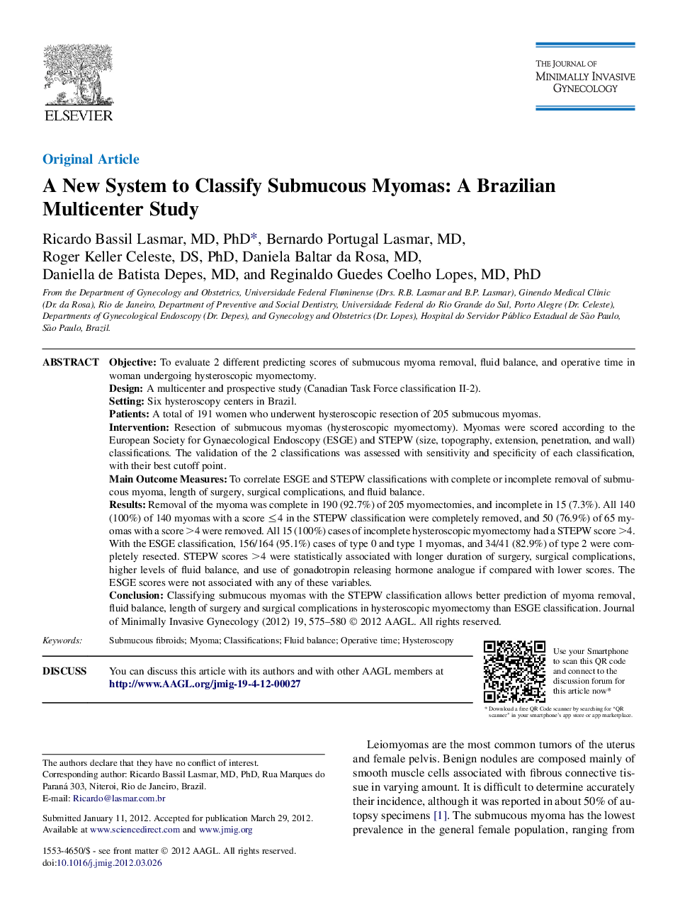 A New System to Classify Submucous Myomas: A Brazilian Multicenter Study 