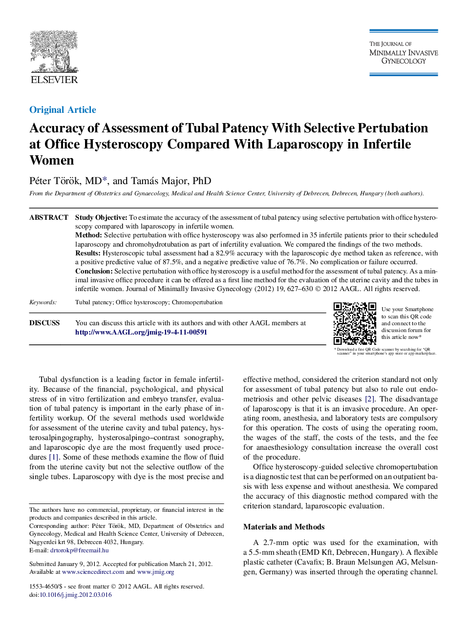 Accuracy of Assessment of Tubal Patency With Selective Pertubation at Office Hysteroscopy Compared With Laparoscopy in Infertile Women 