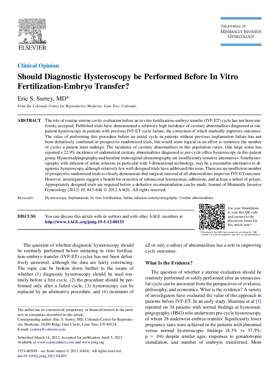 Should Diagnostic Hysteroscopy be Performed Before In Vitro Fertilization-Embryo Transfer? 