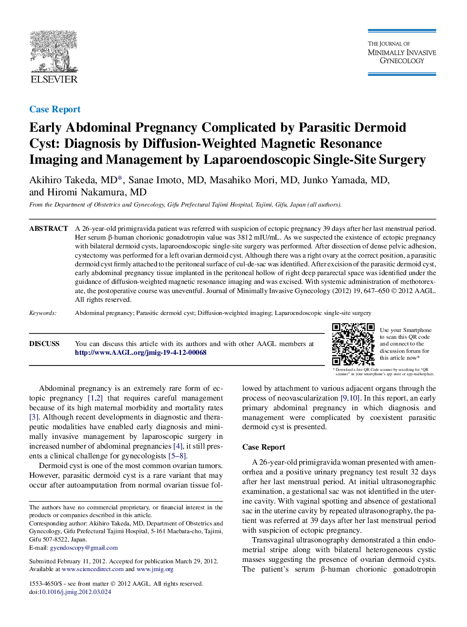 Early Abdominal Pregnancy Complicated by Parasitic Dermoid Cyst: Diagnosis by Diffusion-Weighted Magnetic Resonance Imaging and Management by Laparoendoscopic Single-Site Surgery 