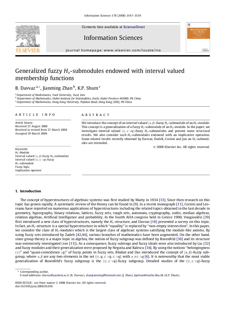 Generalized fuzzy HvHv-submodules endowed with interval valued membership functions