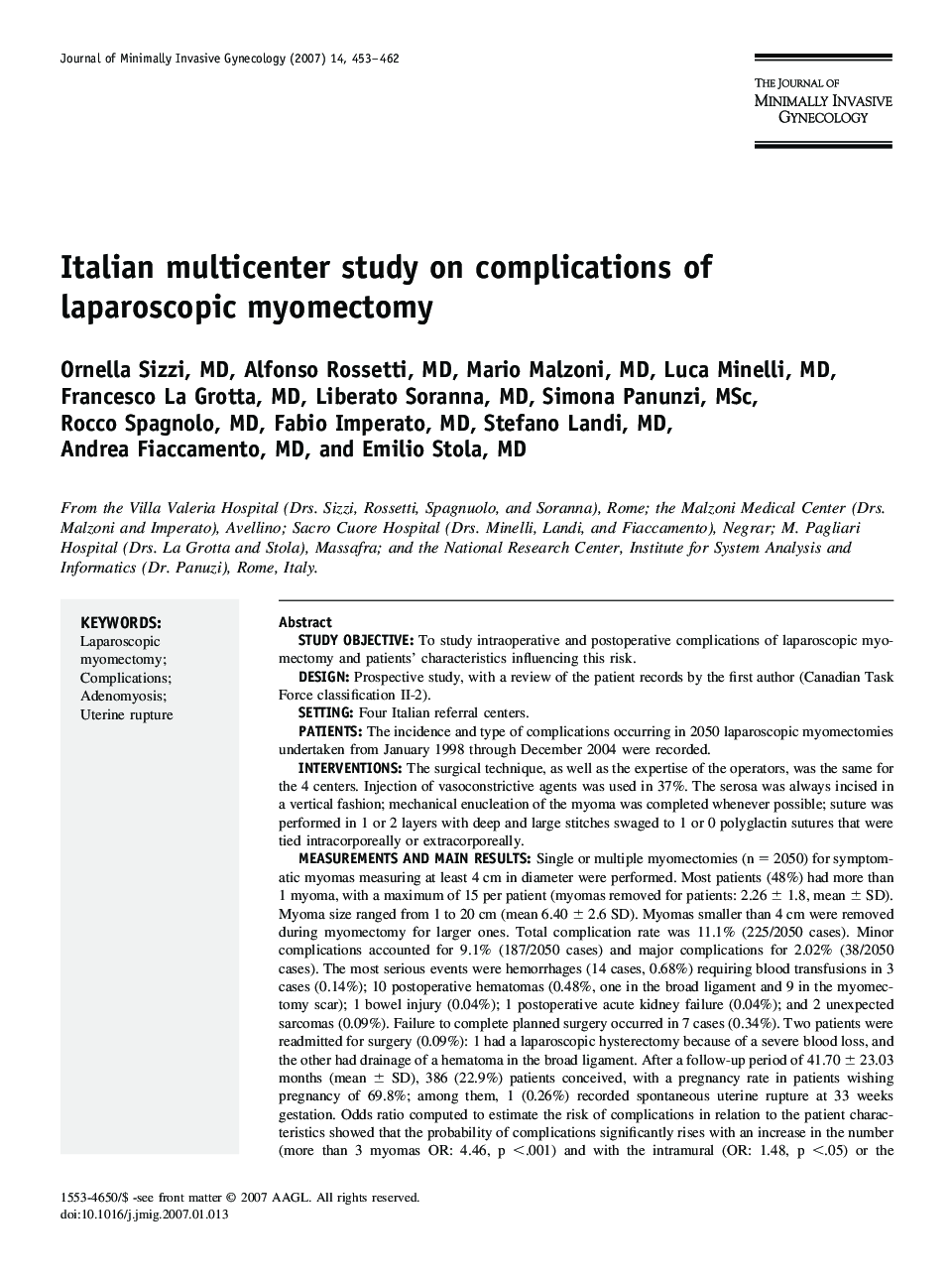 Italian multicenter study on complications of laparoscopic myomectomy 