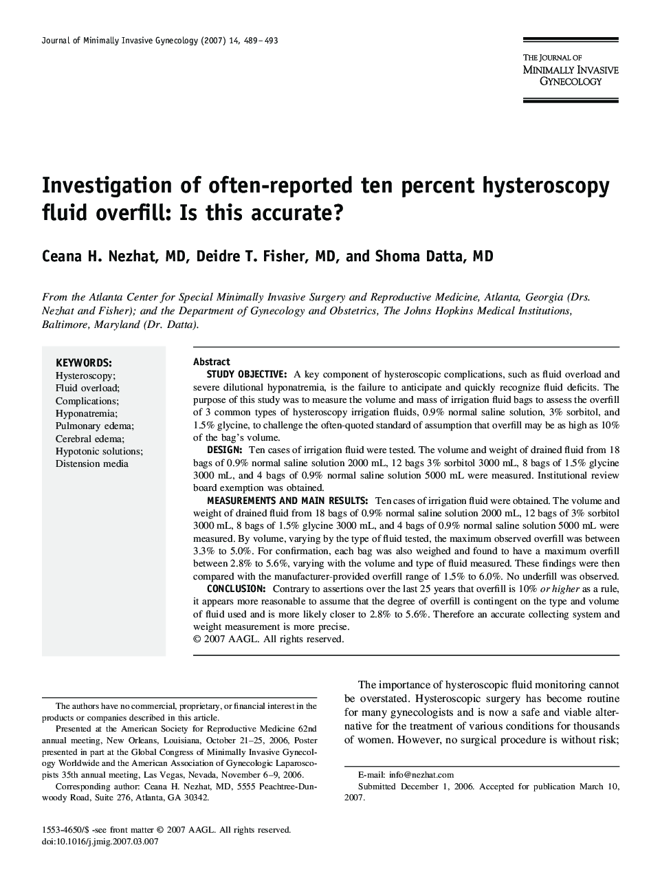 Investigation of often-reported ten percent hysteroscopy fluid overfill: Is this accurate? 