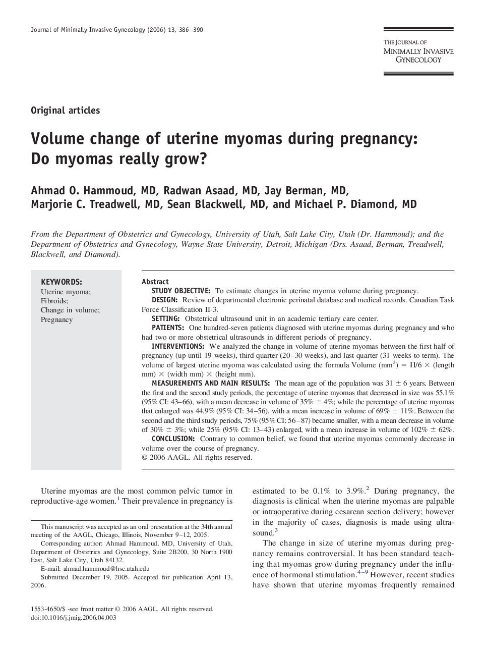 Volume change of uterine myomas during pregnancy: Do myomas really grow?